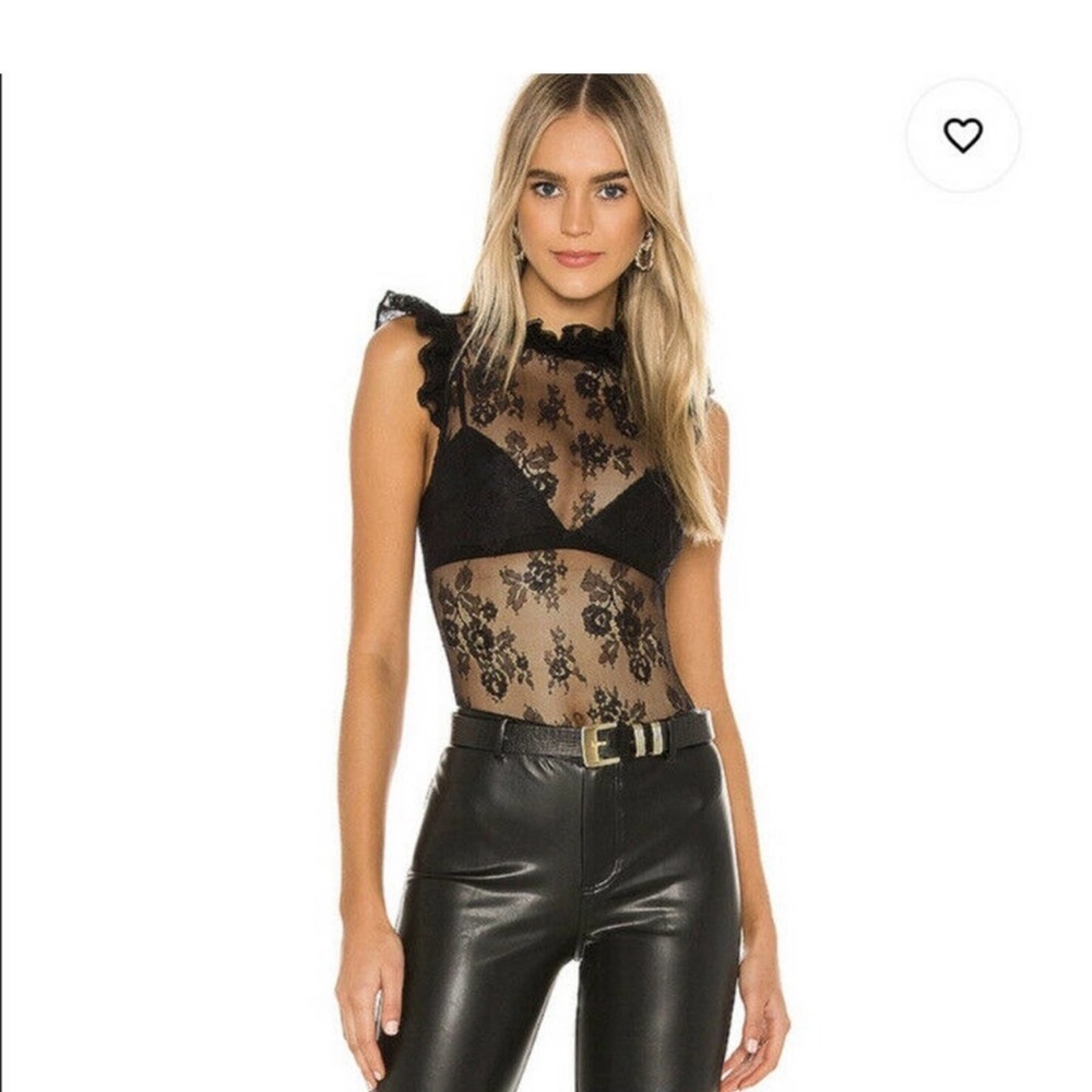 NBD x Revolve Freya Bodysuit Sheer Black XL Floral Lace Sleeveless Ruffle